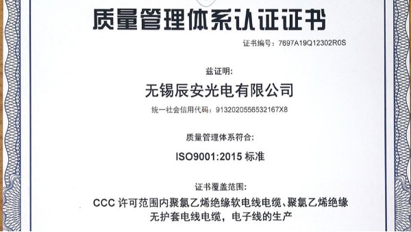 ISO9001认证电线系列-辰安光电
